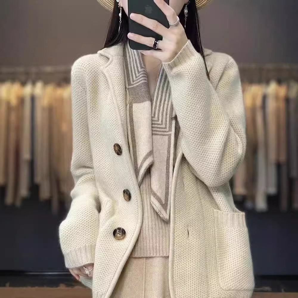 Damen kuschelige Strickjacke mit großen Taschen und elegantem Knopfverschluss Drune