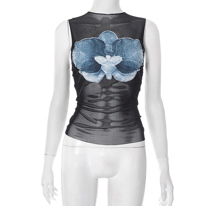Damen Sexy Crop-Top mit transparentem Stoff und floralem Denim Design Drune