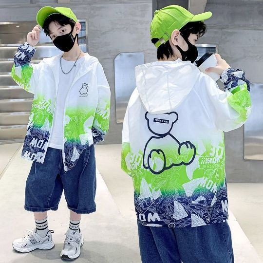 Unisex nan leichte winddichte Kapuzenjacke mit allover Grafikprint und reflektierenden Einsätzen für Kinder  Drune
