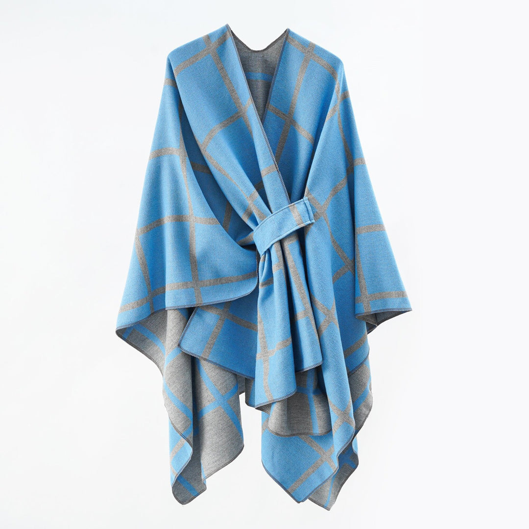 Damen Oversize Wollmix Poncho mit Gürtel und Karomuster Drune
