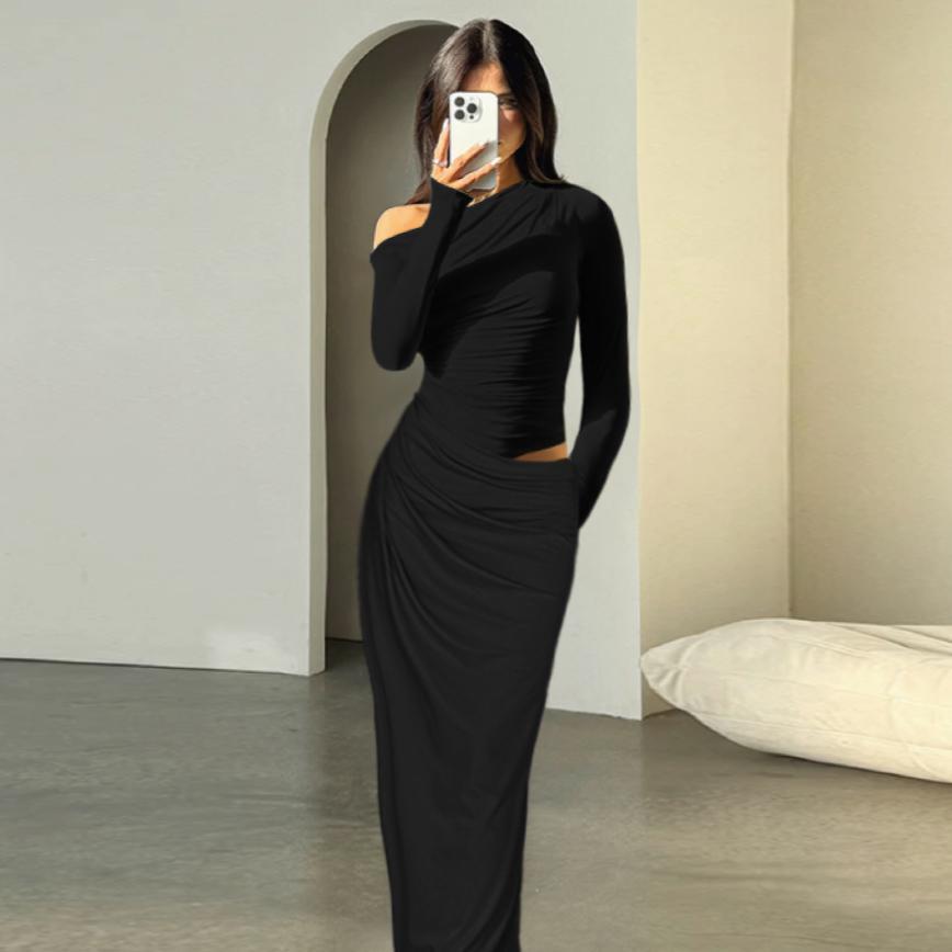 Damen elegantes Wickelkleid mit asymmetrischem Schnitt und langen Ärmeln Drune