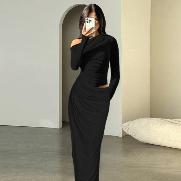 Damen elegantes Wickelkleid mit asymmetrischem Schnitt und langen Ärmeln Drune