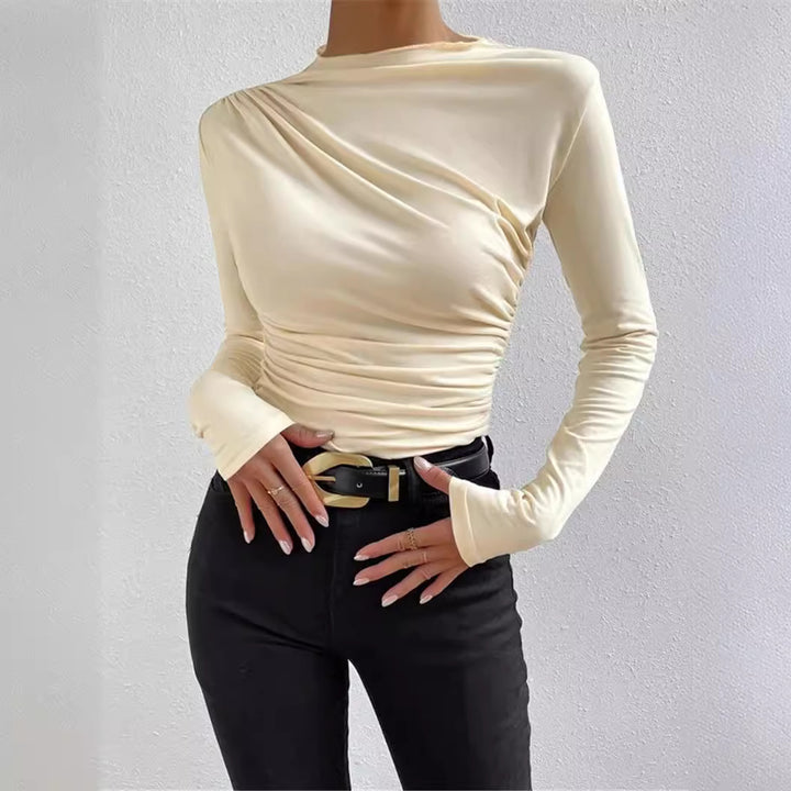 Damen nan figurbetontes Langarmshirt mit asymmetrischer Raffung am Vorderteil und U-Boot-Ausschnitt Drune