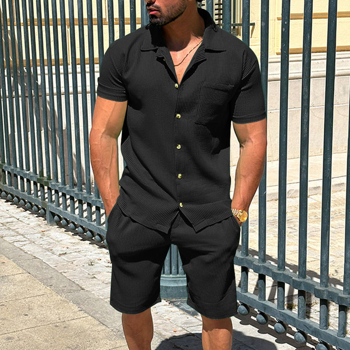 Herren nan lässiges zweiteiliges Freizeitset aus geripptem Jersey mit Hemdkragen Knopfleiste und Shorts Drune