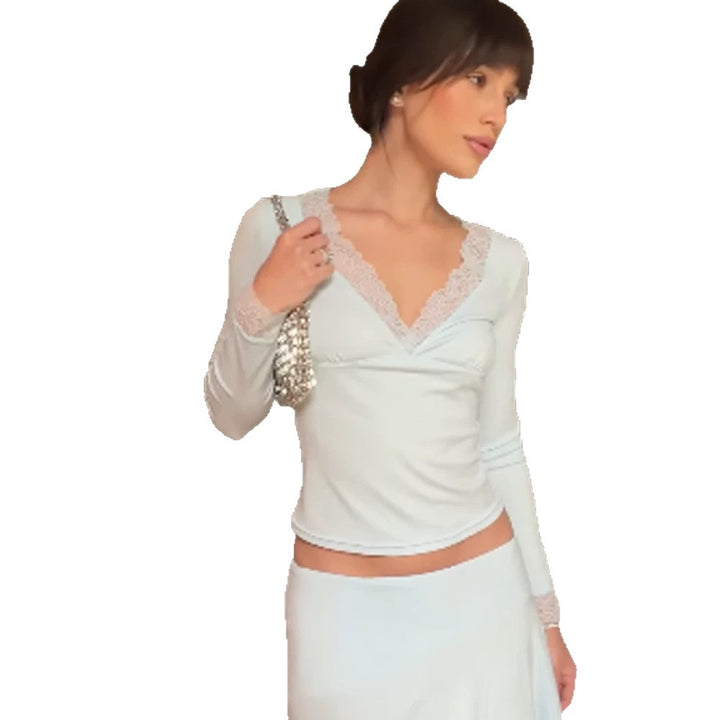 Damen Enganliegendes Langarm-Top mit tiefem Spitzen‑V‑Ausschnitt und feinen Manschetten Drune