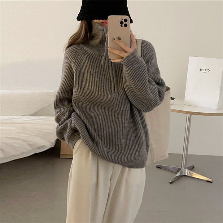 Damen Grobstrickpullover mit Reißverschluss und hohem Kragen Drune
