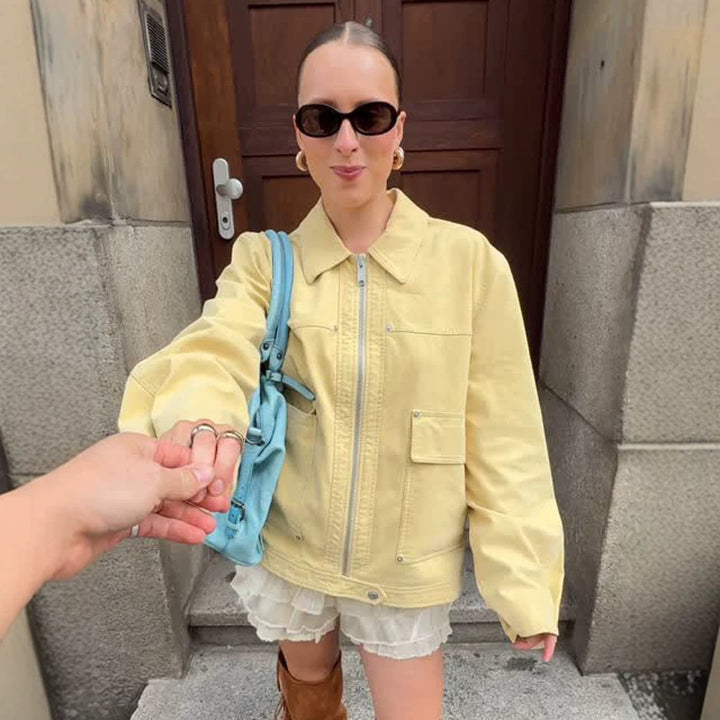 Damen Boxy-Canvas-Jacke mit Reißverschluss, Pattentaschen und Taillen-Zug Drune