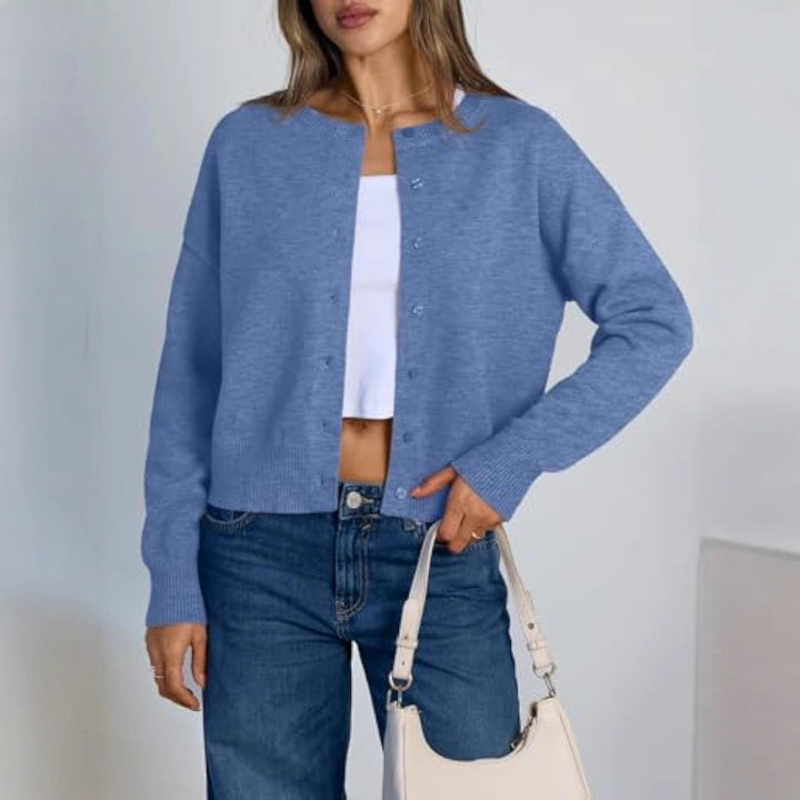 Damen Cropped Strickjacke im Boxy‑Schnitt mit Rundhals und Rippbündchen Drune
