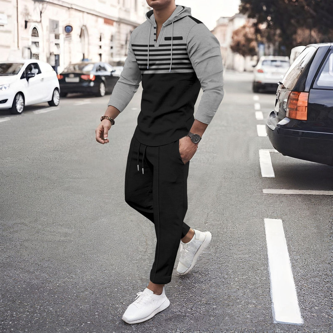 Herren nan urbanes Kapuzen-Henley Freizeitset mit Streifenpasse und gekürzter Joggerhose Drune