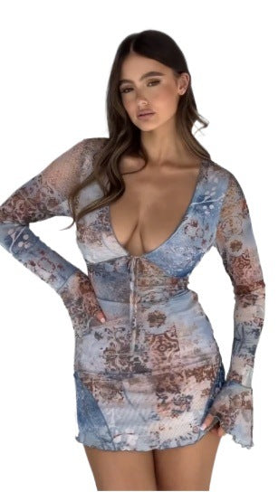 Damen Figurbetontes Minikleid mit tiefem V-Ausschnitt und langen Ärmeln Drune