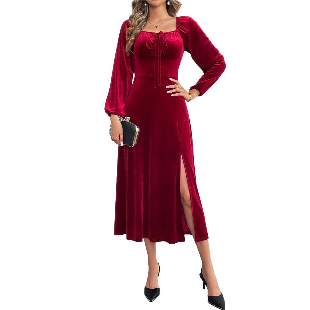 Damen elegantes Samt-Midikleid mit Binddetail am Bustier, taillierter Schnitt und seitlichem Oberschenkelschlitz Drune