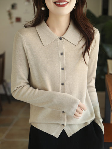 Damen Leichter Feinstrick-Cardigan mit Polokragen und durchgehender Knopfleiste Drune