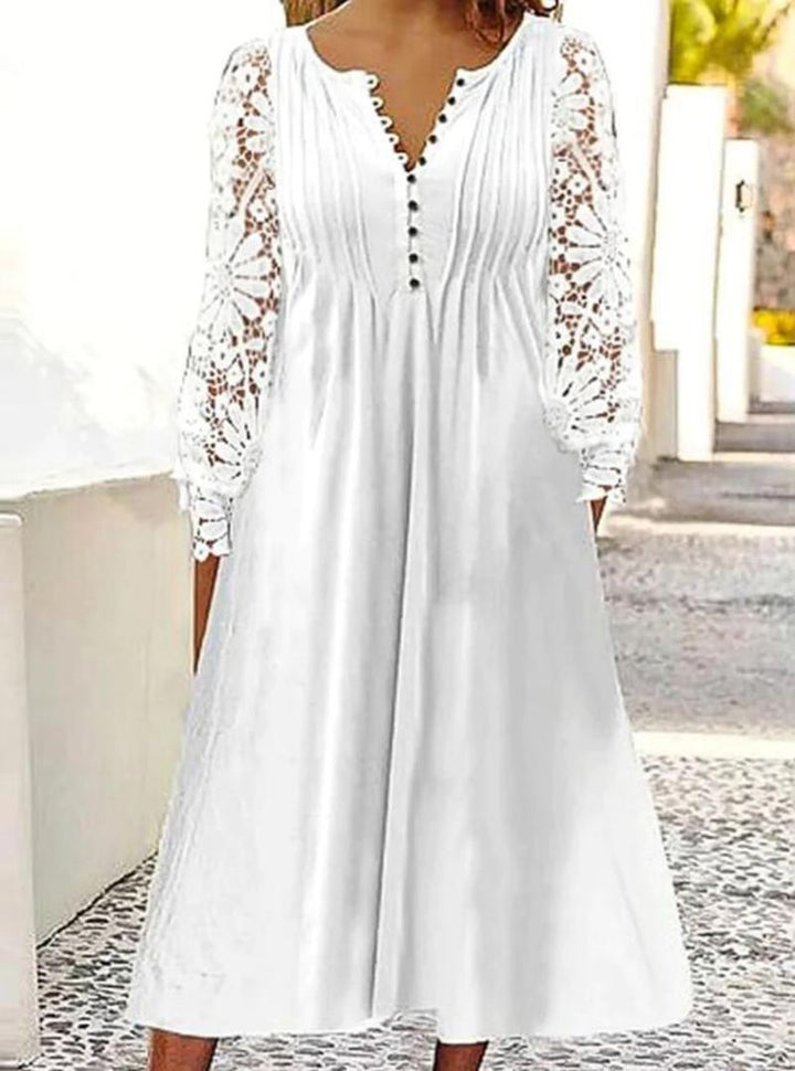 Damen nan wadenlanges A-Linien-Sommerkleid mit gehäkelten Langärmeln, Biesenoberteil und Zierknopfleiste Drune