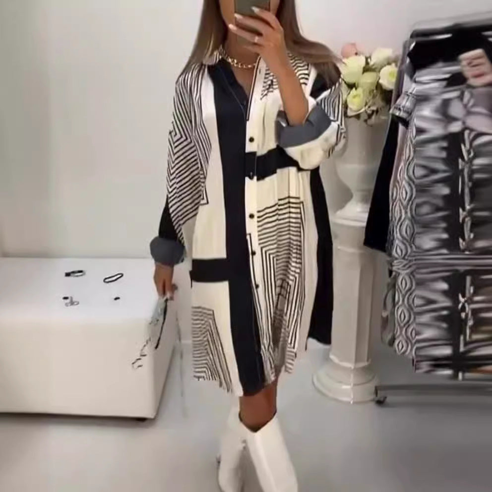 Damen nan knieumspielendes A-Linien-Hemdblusenkleid mit grafischem Linienprint, verdeckter Knopfleiste und oversized Manschetten Drune