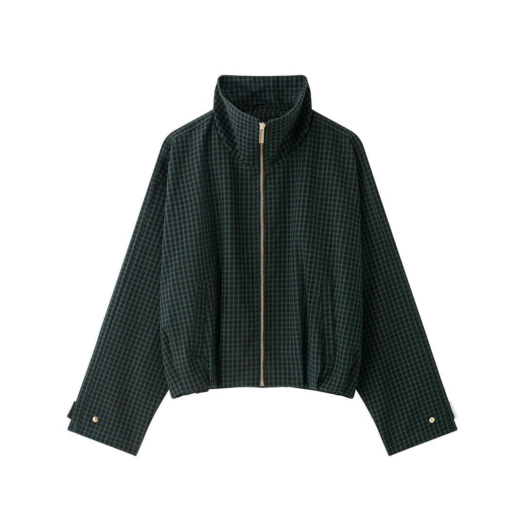 Damen Karierte Cropped Jacke mit Stehkragen und Reißverschluss Drune