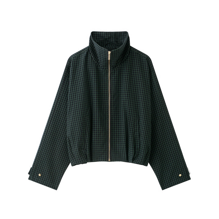 Damen Karierte Cropped Jacke mit Stehkragen und Reißverschluss Drune