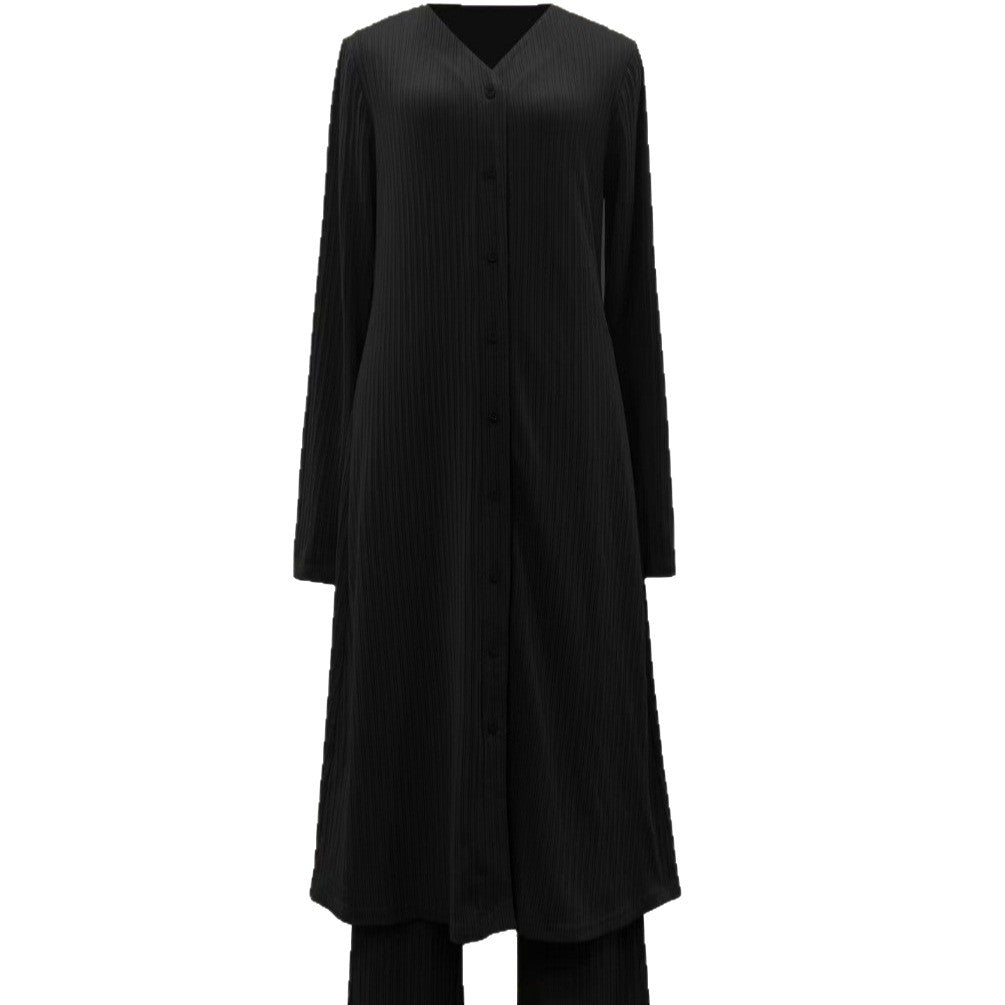 Damen Modestisches Knopf-Tunika-Set mit gerader Silhouette, langen Ärmeln und weitem Palazzo-Hosenbein Drune