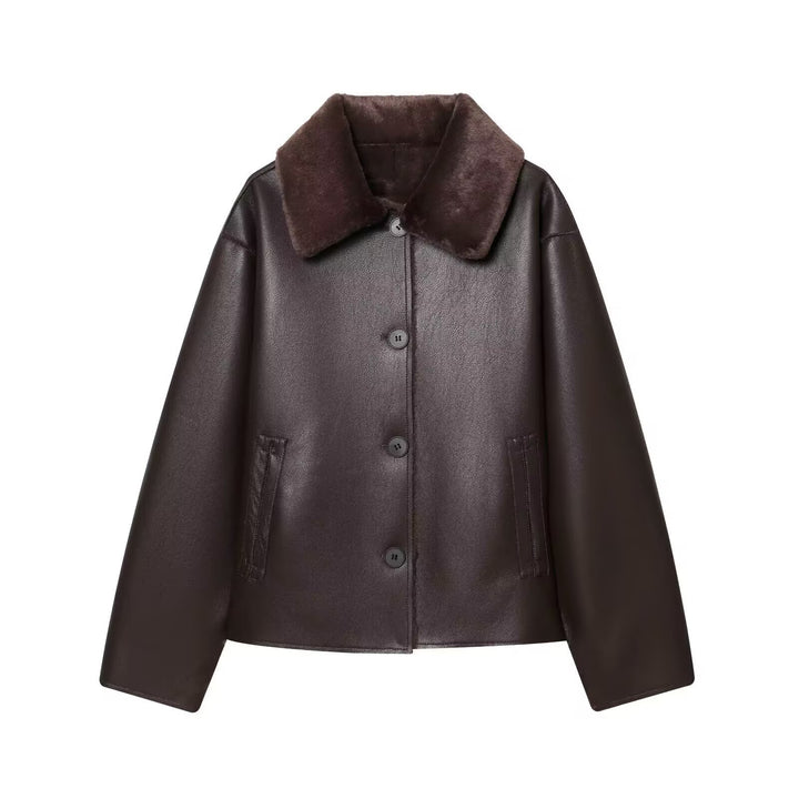 Damen Kurzjacke im Aviator-Style aus Kunstleder mit breitem Fellkragen Drune