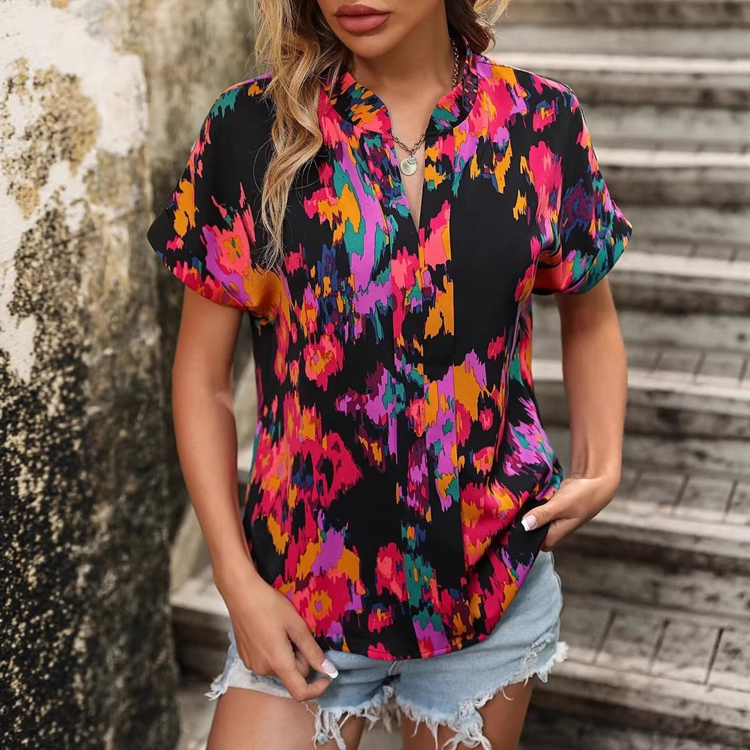 Damen Leichte Oversize Tunika‑Bluse mit Stehkragen, Cap‑Ärmeln und großem Blumenprint Drune