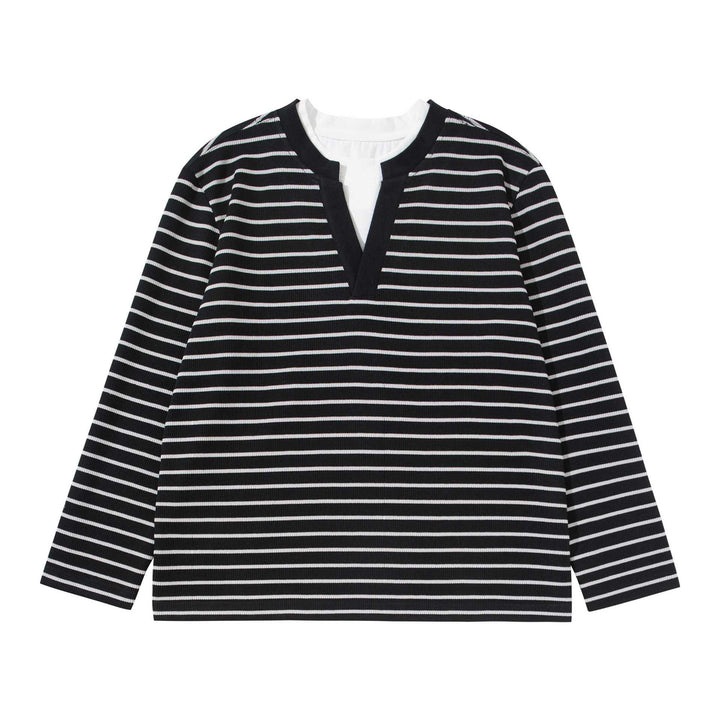 Damen Gestreiftes Strickshirt mit V-Ausschnitt und Lagenlook Drune