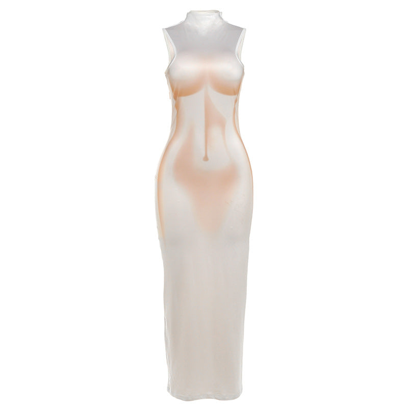 Damen Transparente Maxi-Robe mit hochgeschlossenem Kragen und figurbetontem Schnitt Drune