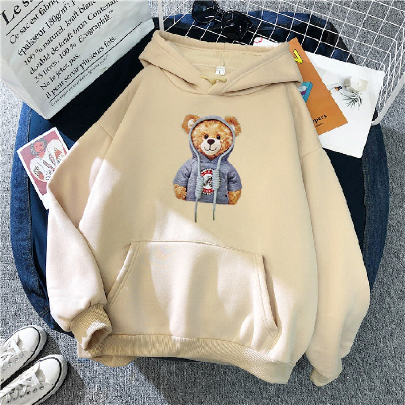 Unisex nan lässiger Oversize Kapuzenpullover mit Teddy-Frontprint, Kängurutasche und weichem Fleece-Innenfutter Drune