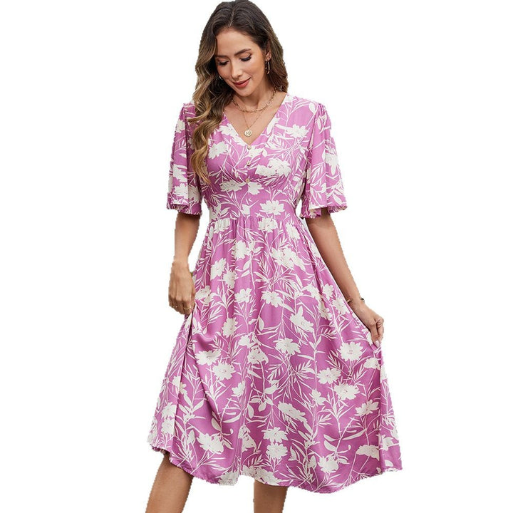 Damen Freizeitkleid mit V-Ausschnitt und weiten Ärmeln Drune