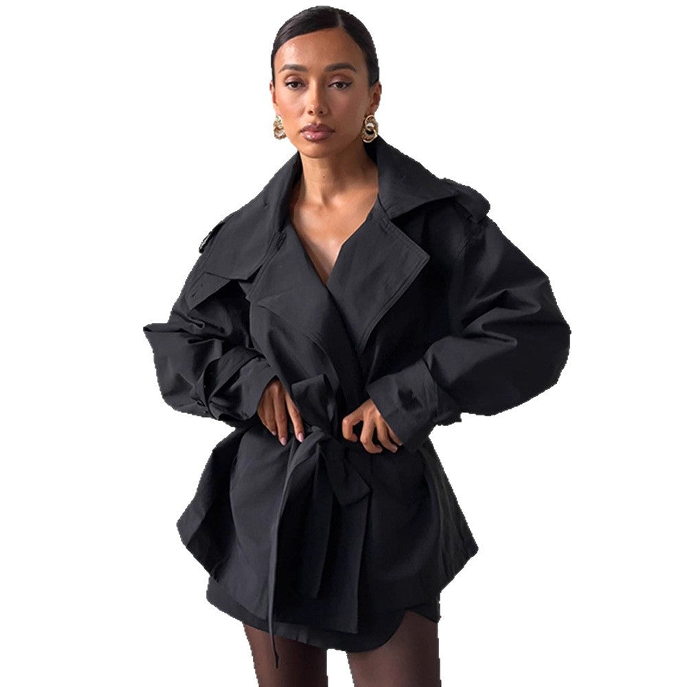 Damen Modische Kurztrenchjacke mit Taillenknoten und großzügigen Taschen Drune