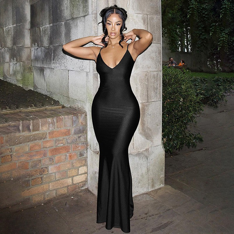 Damen elegantes figurbetontes Abendkleid mit Spaghettiträgern und fließendem Schnitt Drune