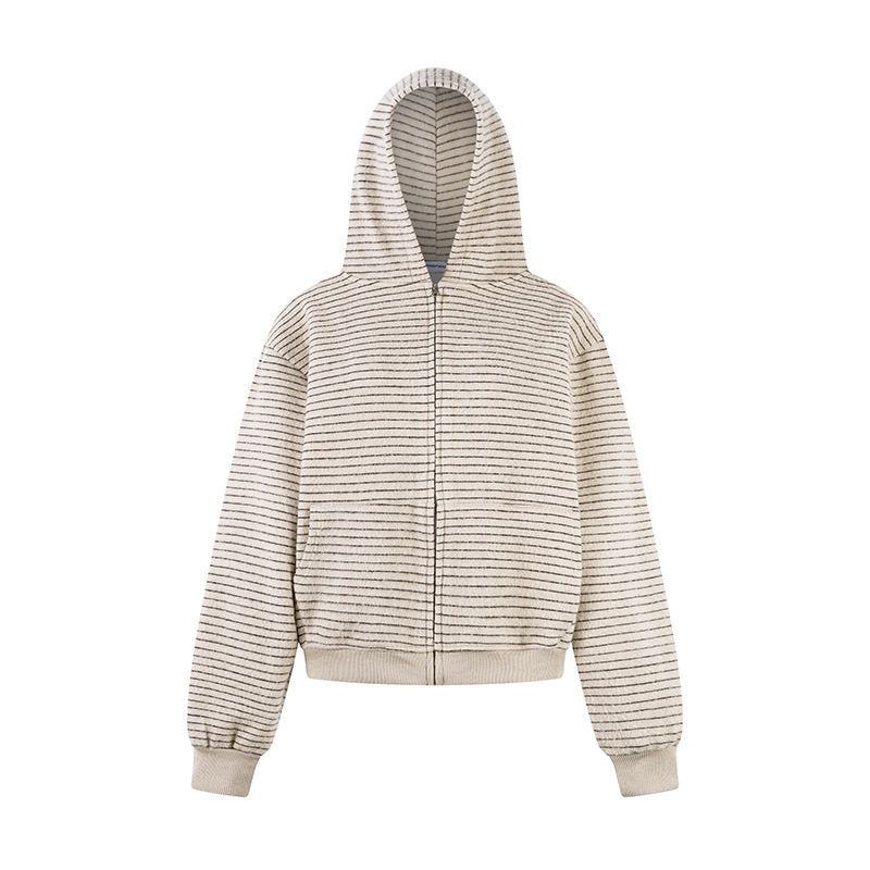 Damen Kurz geschnittene Kapuzen‑Zipjacke mit horizontalem Streifenrelief und elastischem Bund Drune