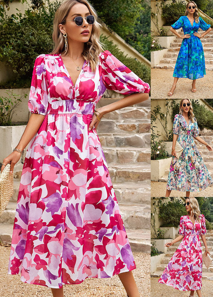 Damen Maxikleid mit fließendem Schnitt und voluminösen Puffärmeln Drune