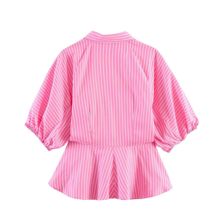 Damen Gestreifte Peplum-Bluse mit Ballonärmeln und Hemdkragen Drune