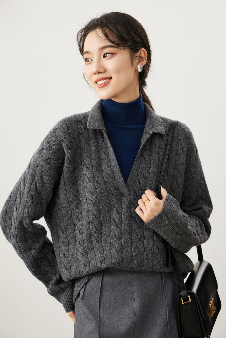 Damen Grobstrickpullover mit V-Ausschnitt Drune
