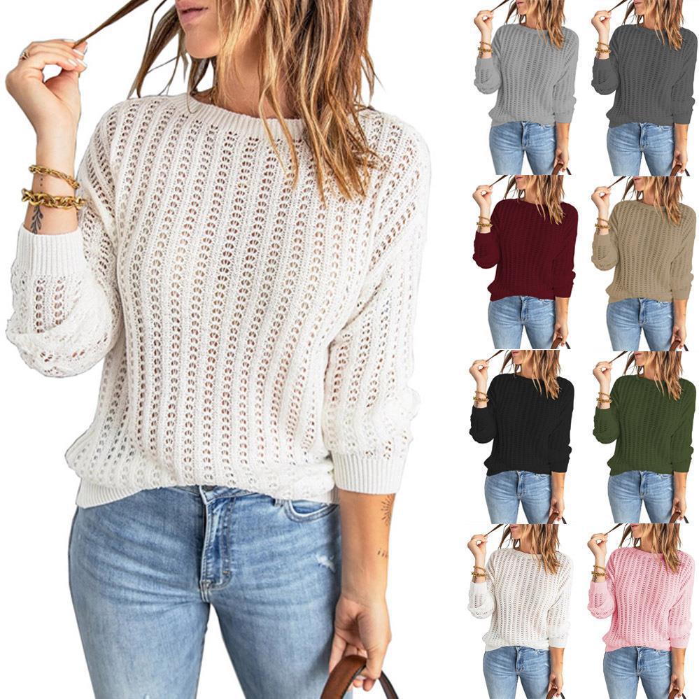 Damen Lockerer Ajour-Strickpullover mit Rundhalsausschnitt und Rippbündchen Drune