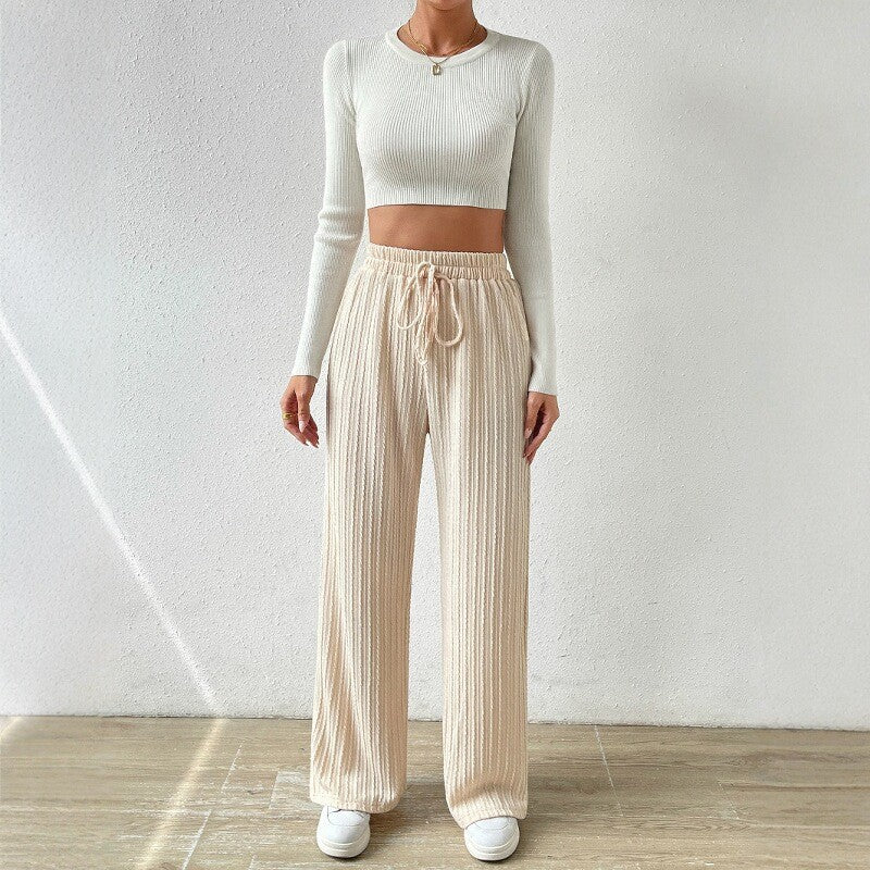 Damen entspannendes Strick-Loungewear-Set mit hoher Taille und weitem Bein Drune