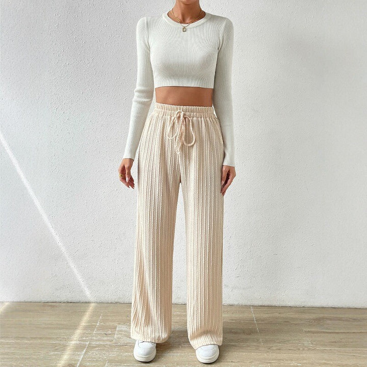 Damen entspannendes Strick-Loungewear-Set mit hoher Taille und weitem Bein Drune