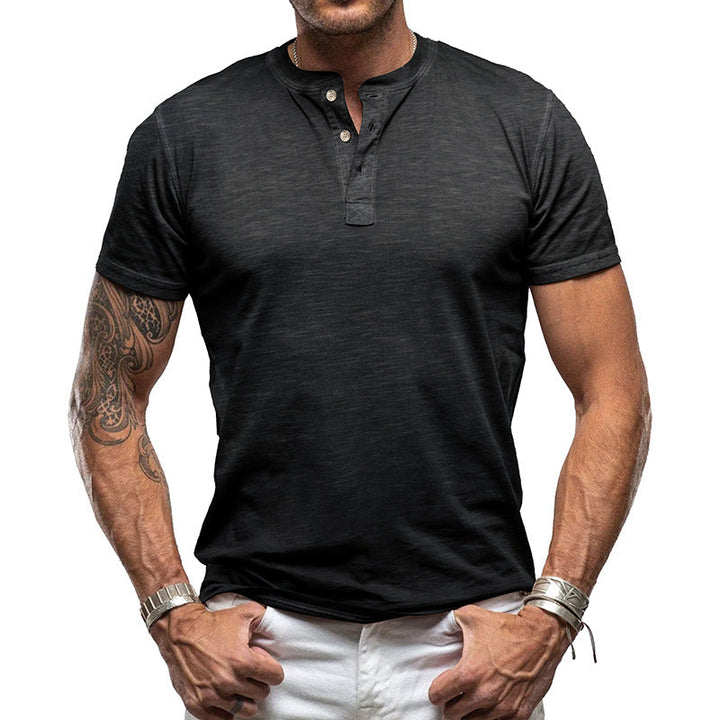 Herren nan athletisches Henley-T-Shirt aus strukturierter Slub-Baumwolle mit kurzer Knopfleiste Drune