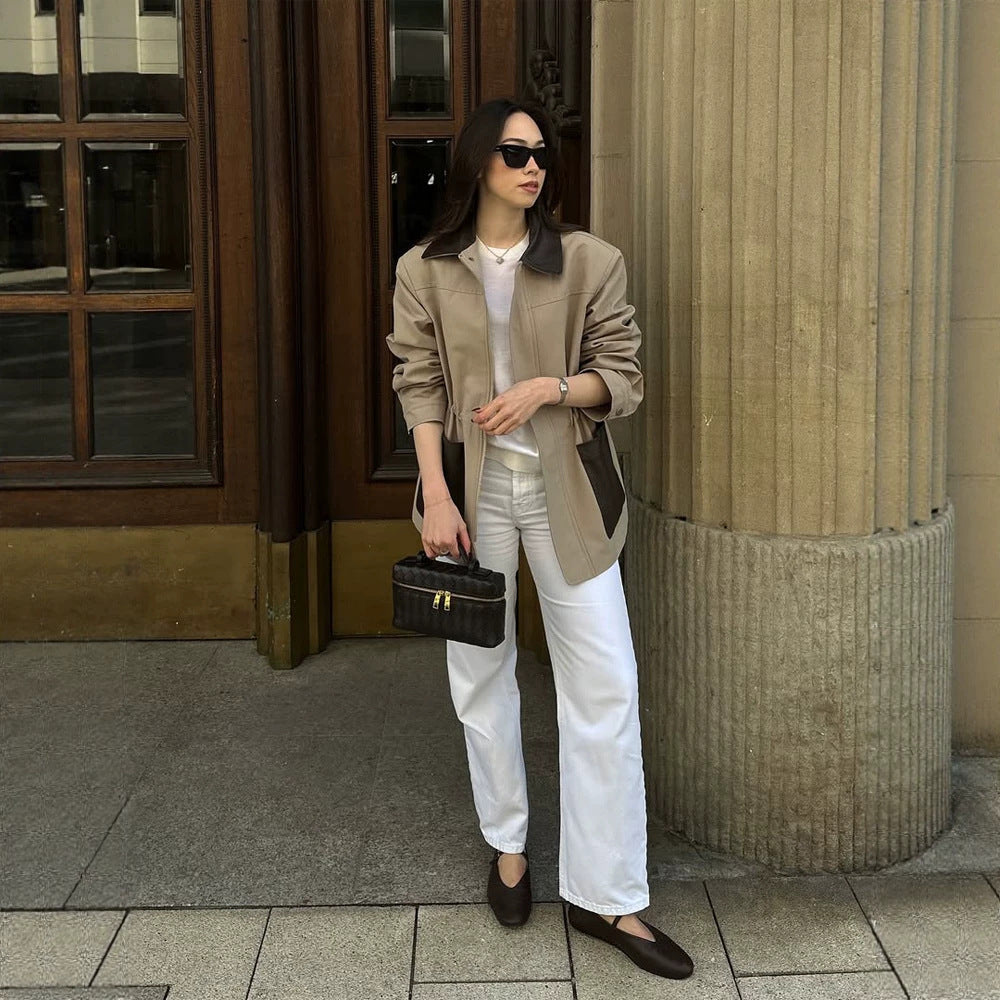 Damen Boxy-Fieldjacke mit kontrastkragen in Lederoptik und aufgesetzten Taschen Drune