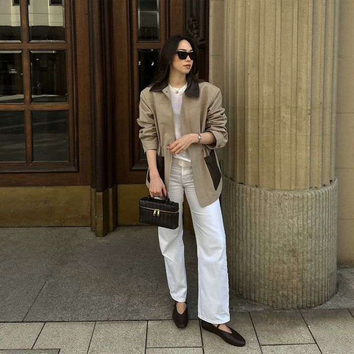 Damen Boxy-Fieldjacke mit kontrastkragen in Lederoptik und aufgesetzten Taschen Drune