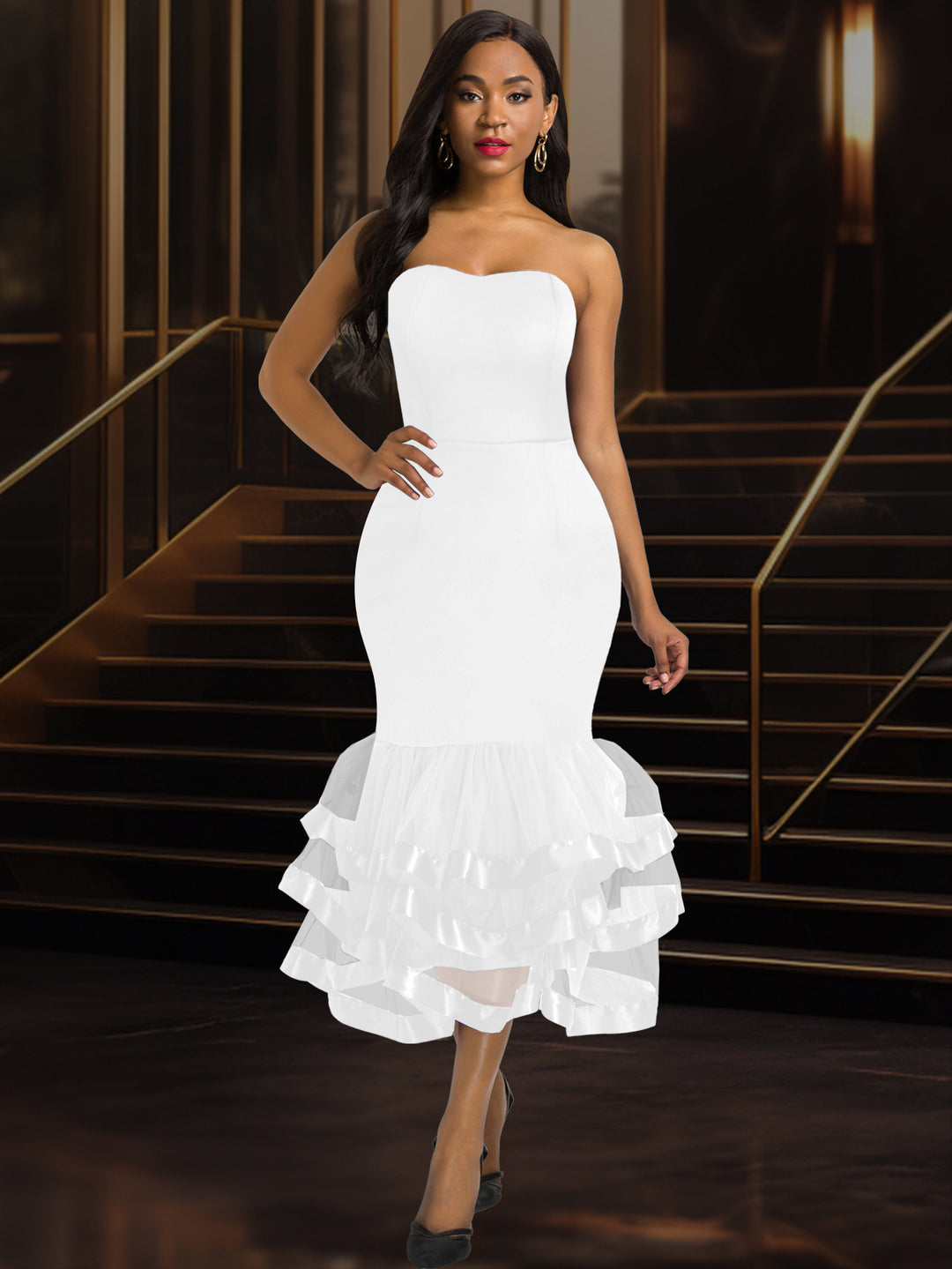 Damen Figurbetontes Abendkleid mit voluminösem Rüschen-Saum Drune