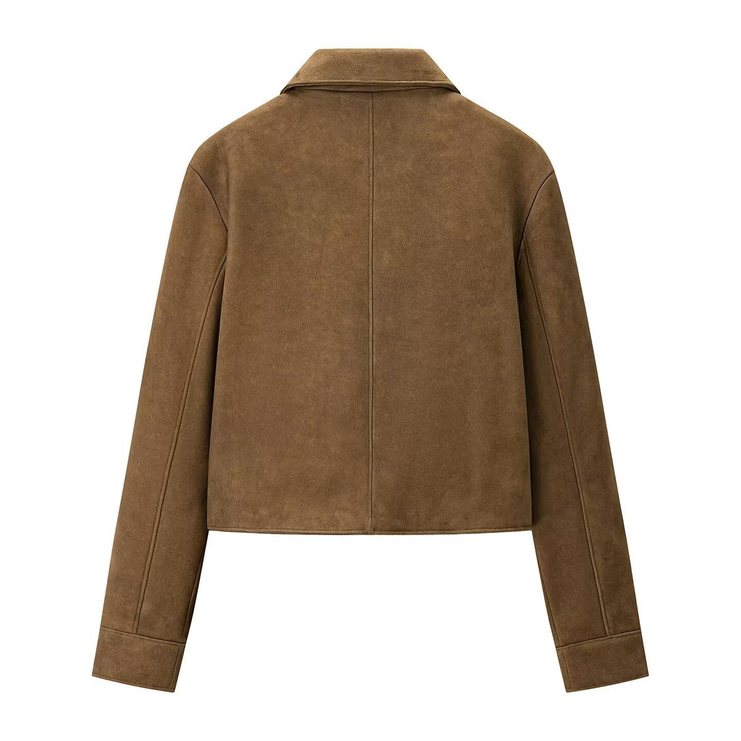 Damen kurz geschnittene Veloursleder‑Optik Jacke mit Hemdkragen und Knopfleiste Drune