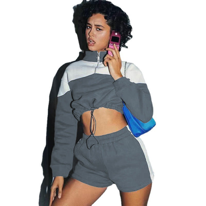 Damen Cropped Sportanzug mit hohem Kragen und Kordelzug Drune
