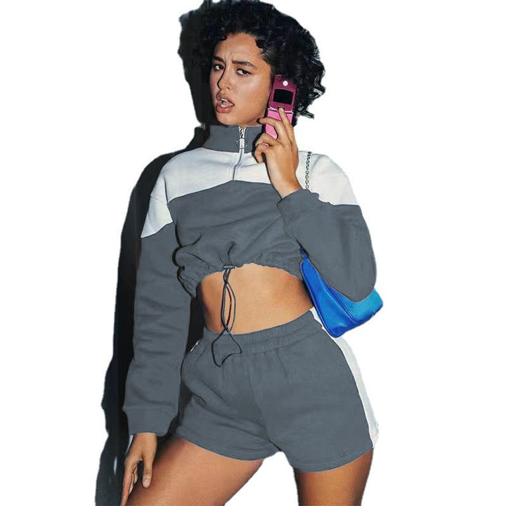 Damen Cropped Sportanzug mit hohem Kragen und Kordelzug Drune