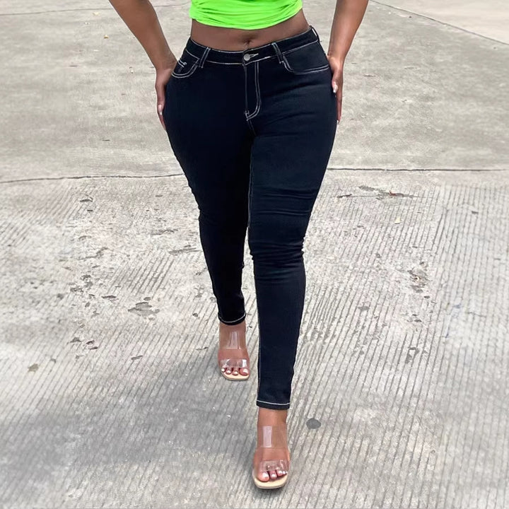 Damen High-Waist Skinny-Jeans mit Push-Up-Effekt und Kontrastnaht Drune