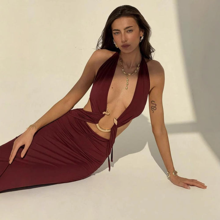 Damen Maxi-Kleid mit verführerischem Halterneck und eleganten Cut-Out-Details Drune