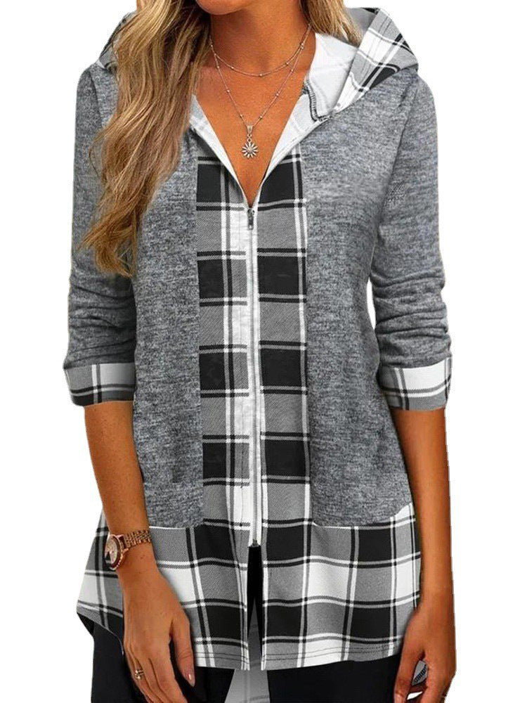Damen Kapuzen-Strickjacke mit Reißverschluss und Karomix-Einsatz Drune