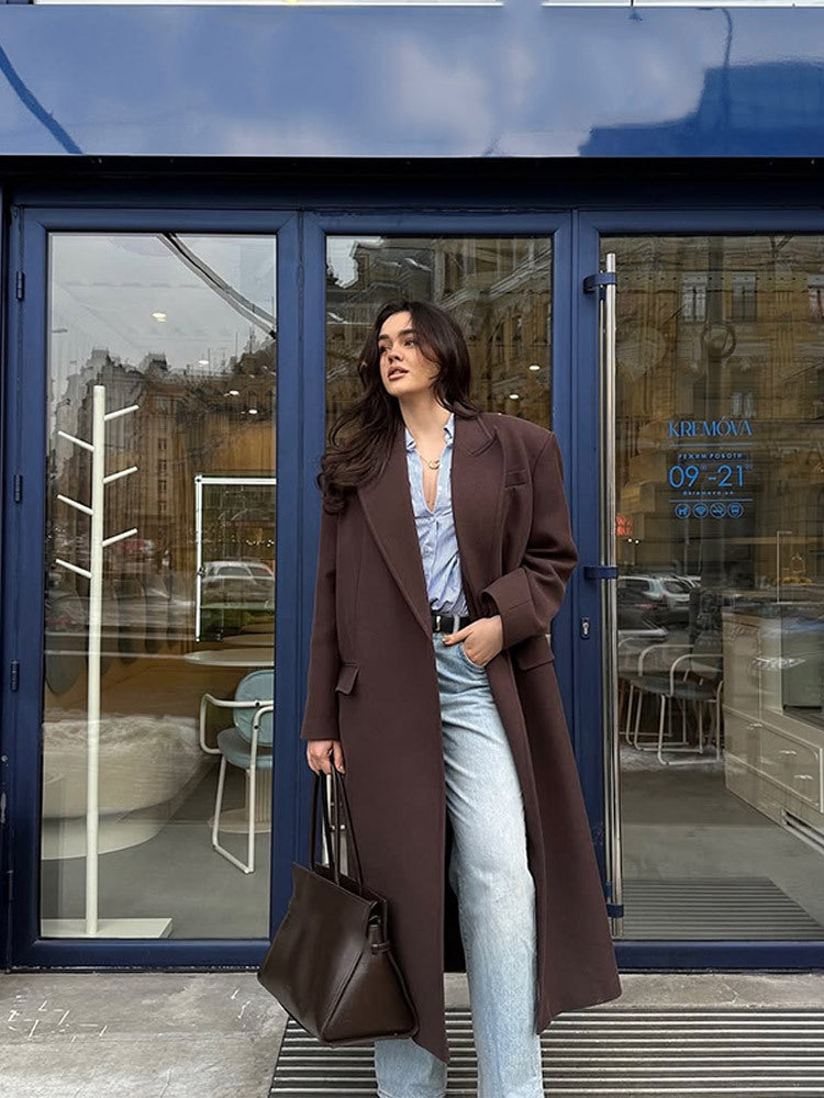 Damen Langmantel mit geradem Schnitt, kaschierendem Oversize-Revers und Eingrifftaschen Drune