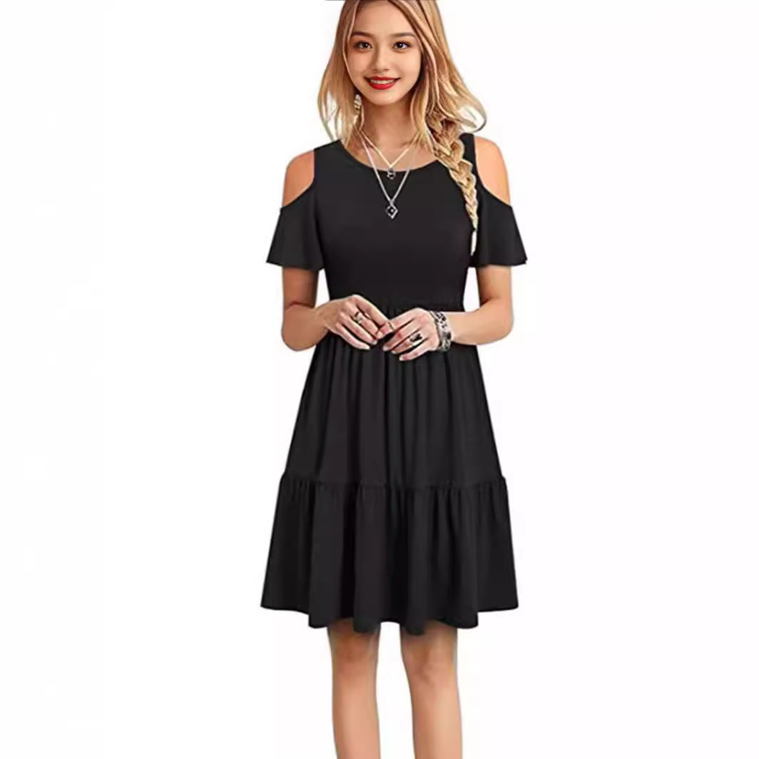 Damen lässiges Kleid mit kaltem Schulterdesign und voluminösem Rock Drune