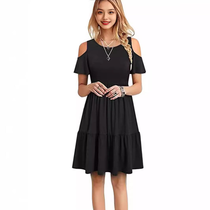 Damen lässiges Kleid mit kaltem Schulterdesign und voluminösem Rock Drune