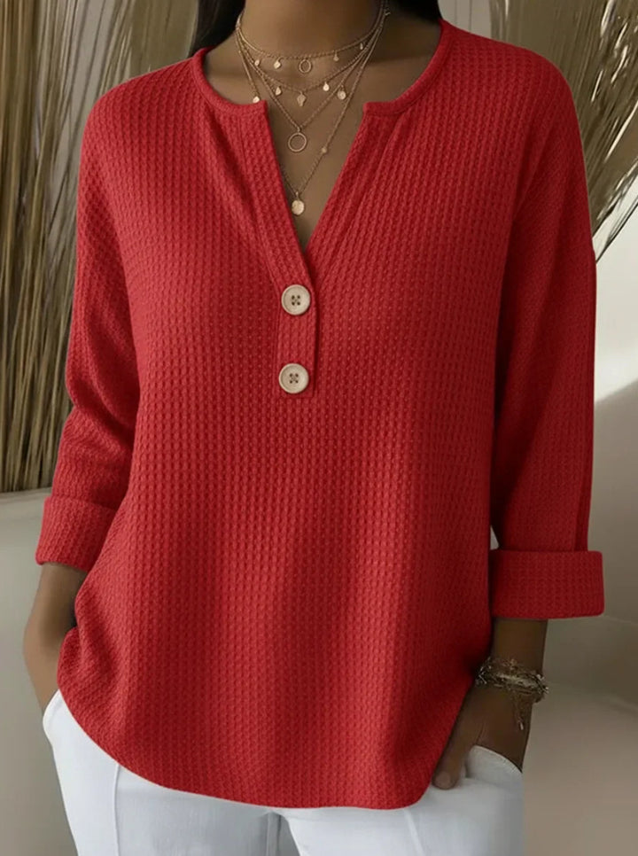 Damen nan Waffelstruktur Henley-Shirt mit V-Ausschnitt kurze Knopfleiste und krempelbaren 3/4-Ärmeln Drune